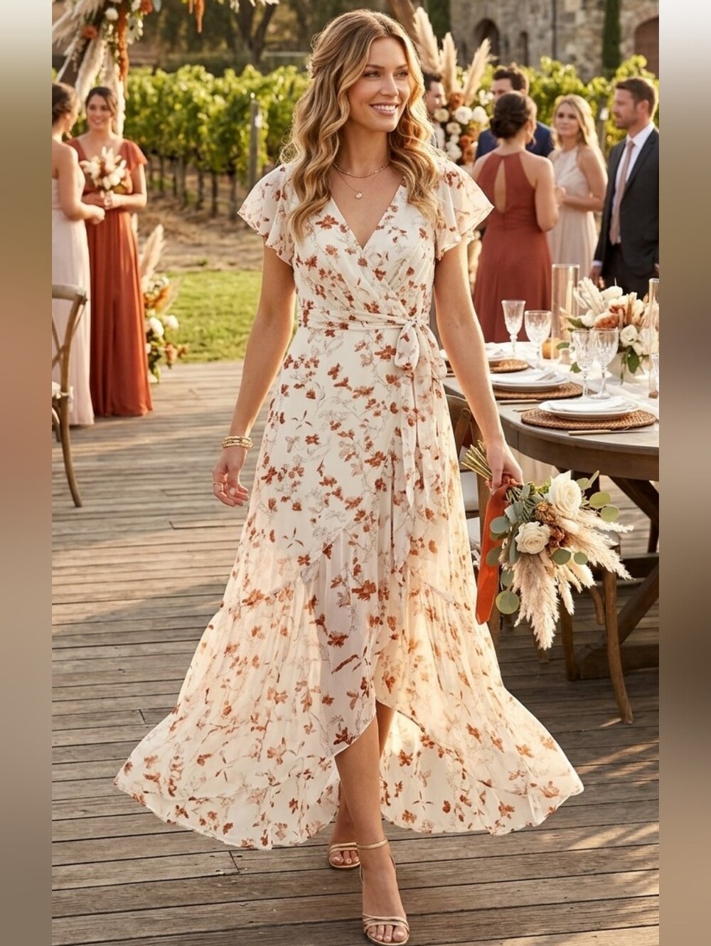 Baltic Born Cream Floral Wrap Maxi Dress with Rust Accents